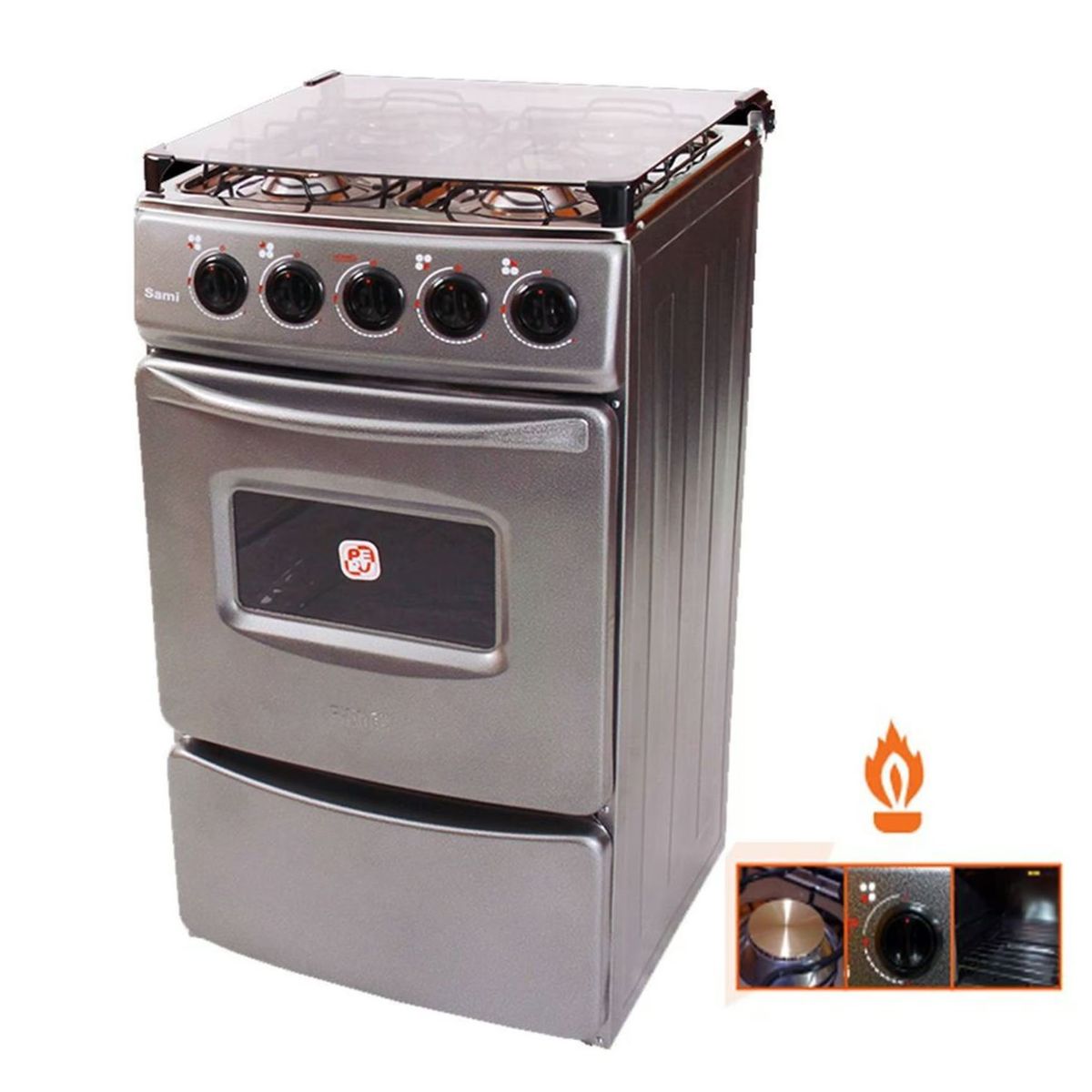 FADIC - Cocina con Tapa de Vidrio y Horno Sami 4H Gris