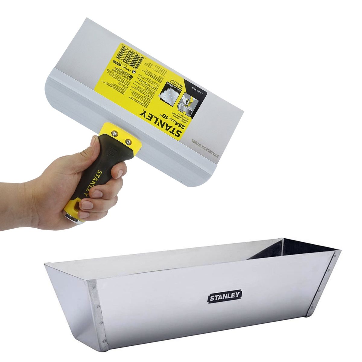 STANLEY - Kit Espátula para Masilla de drywall 10 " +Bandeja 12 " INOXIDABLE