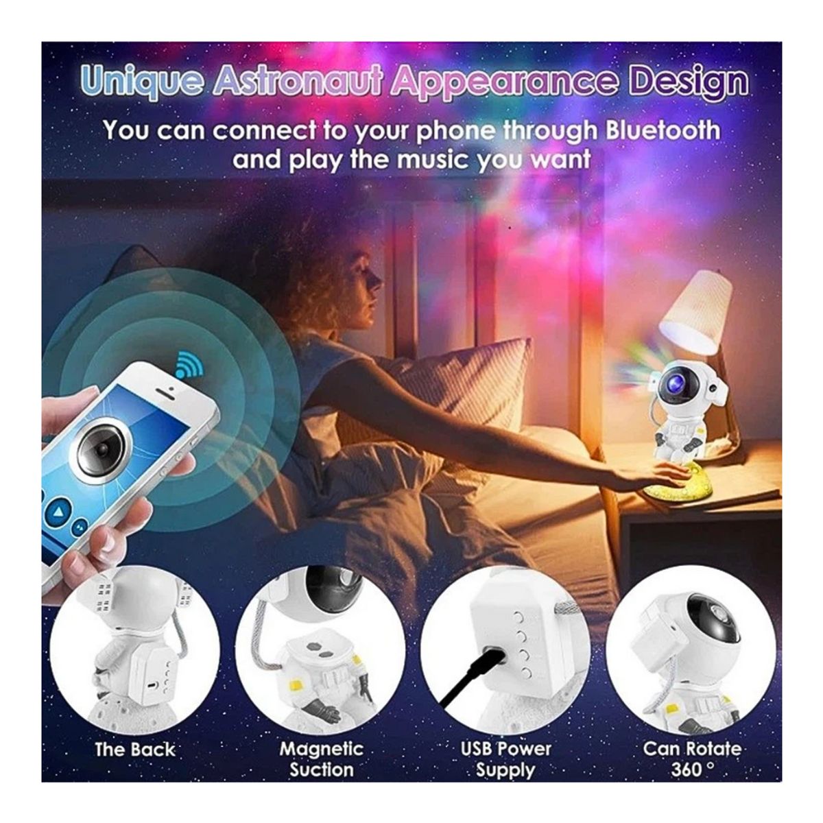 GENERICO - Lampara de proyeccion galaxia con parlante en diseño de astronauta