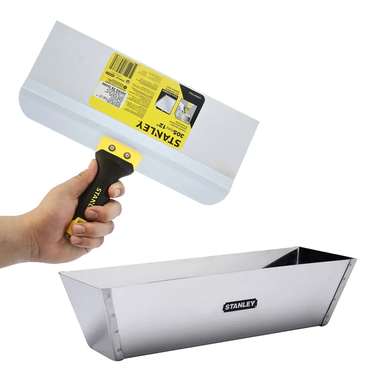 STANLEY - Kit Espátula para Masilla de drywall 12 " +Bandeja 12 " INOXIDABLE