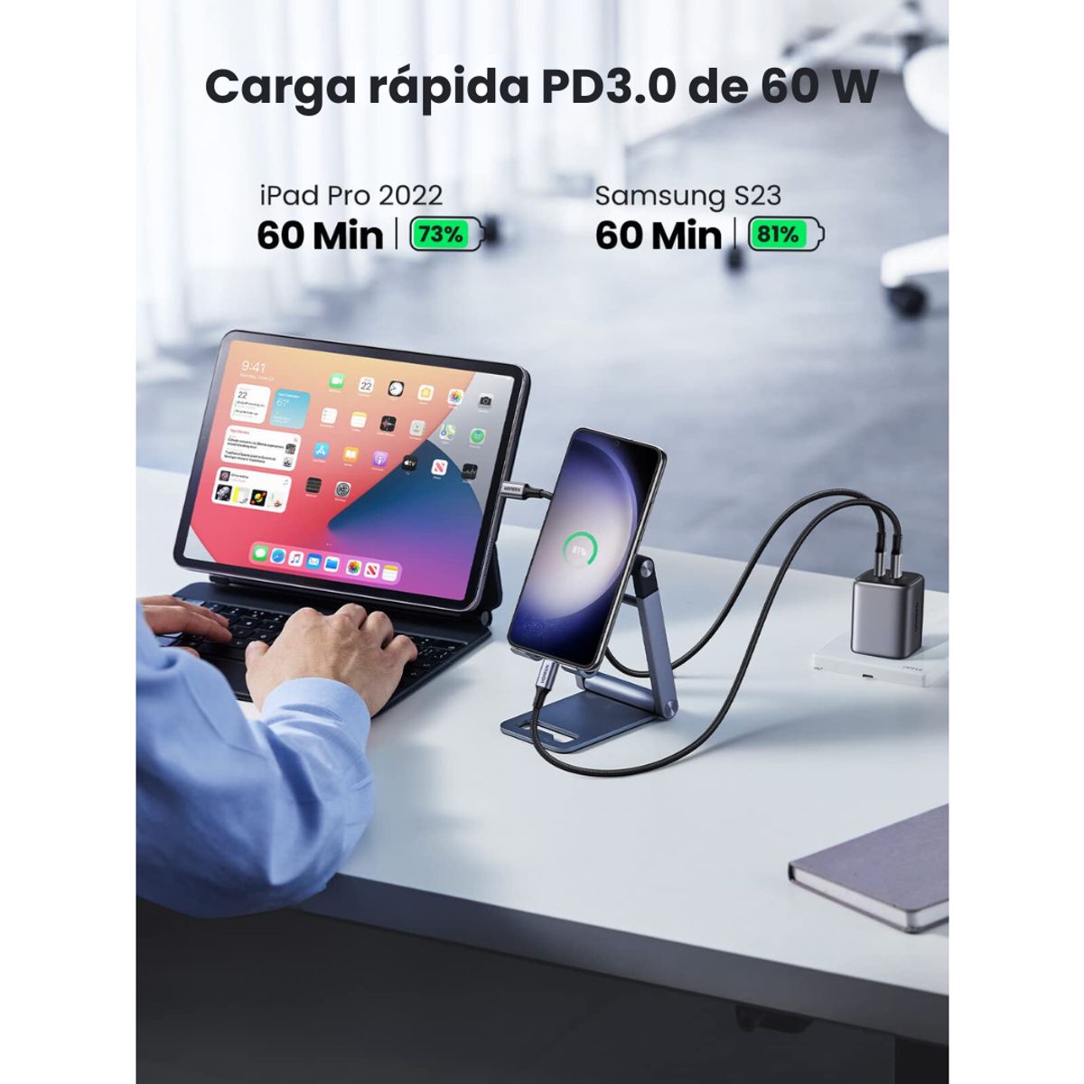 UGREEN - Cable de carga USB-C a USB-C de 60 W (trenzado) - NEGRO GRIS