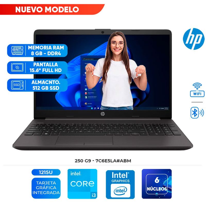 HP - Laptop HP 250 G9, Core i3-1215U, 8GB DDR4, 512GB SSD, 15.6" LCD LED HD