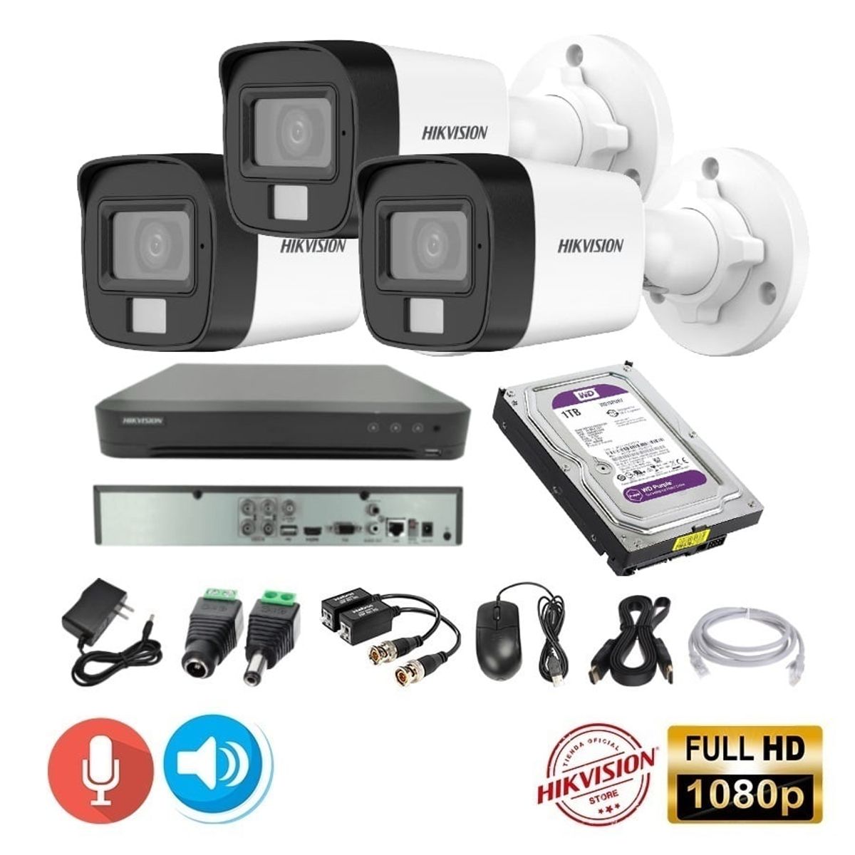 HIKVISION - kit 3 Cámaras Seguridad Tubo FULLHD Hikvision + 1TB + AUDIO 2 VIAS