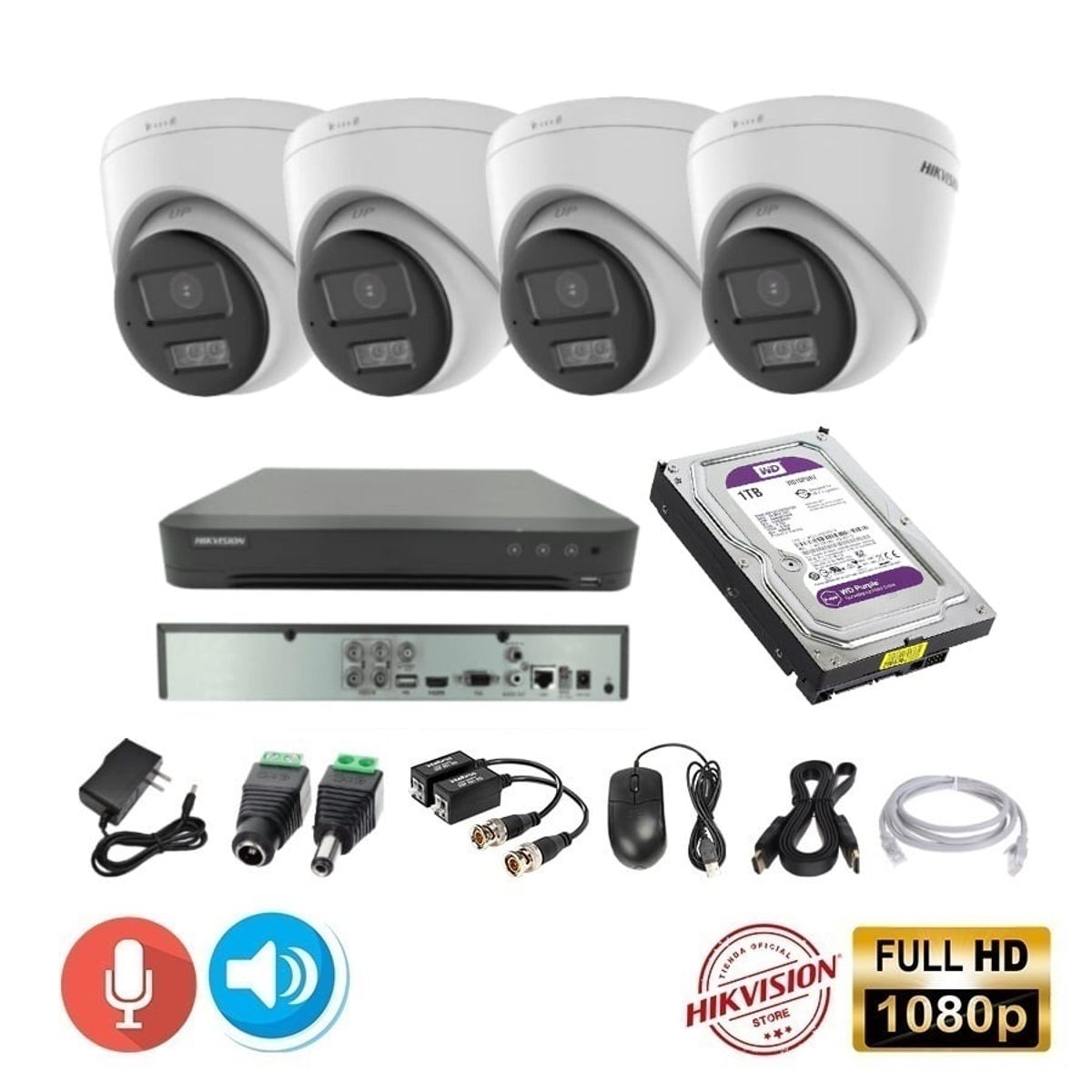 HIKVISION - kit 4 Cámaras Seguridad Domo FULLHD Hikvision + 1TB + AUDIO 2 VIAS