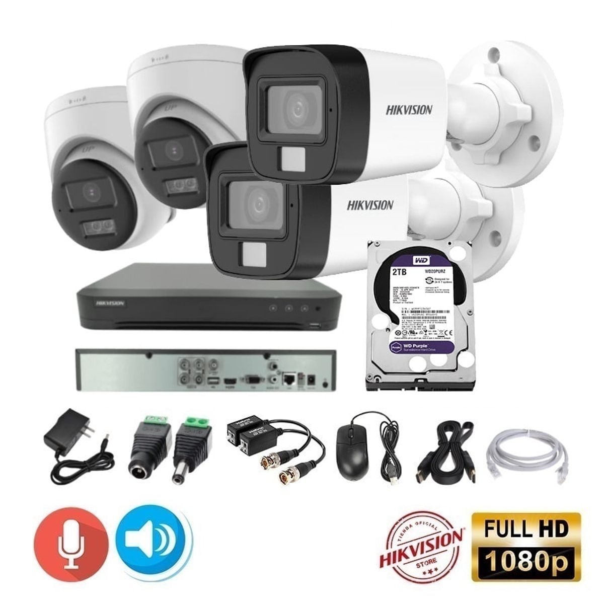 HIKVISION - kit 4 Cámaras Seguridad FULLHD Hikvision + 2TB + AUDIO 2 VIAS