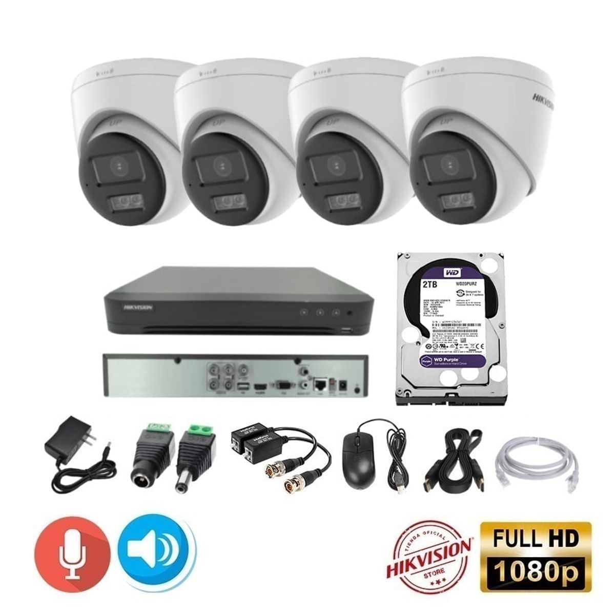 HIKVISION - kit 4 Cámaras Seguridad Domo  FULLHD Hikvision + 2TB + AUDIO 2 VIAS