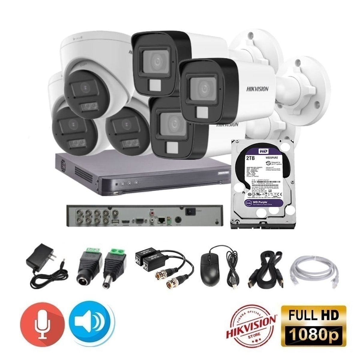 HIKVISION - kit 6 Cámaras Seguridad Tubo FULLHD Hikvision + 2TB + AUDIO 2 VIAS