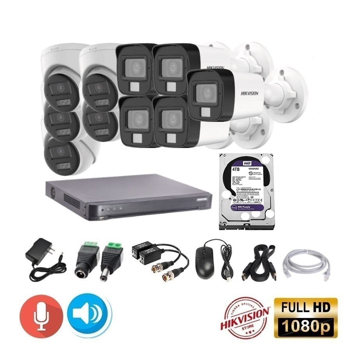 HIKVISION - kit 10 Cámaras Seguridad Tubo FULLHD Hikvision + 4TB + AUDIO 2 VIAS