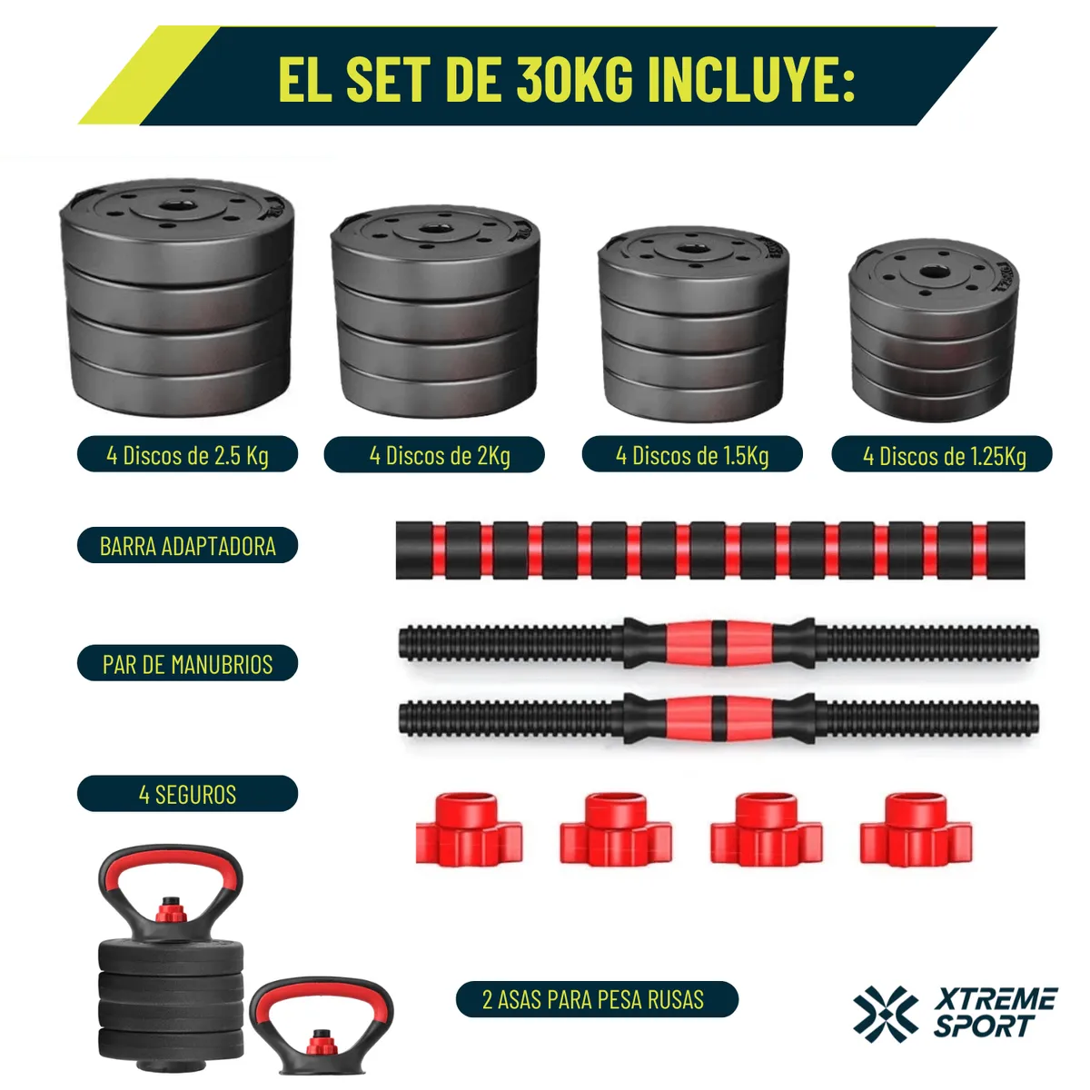 XTREME SPORT - Mancuernas Set de 30 Kg Convertibles + Barra + Asas