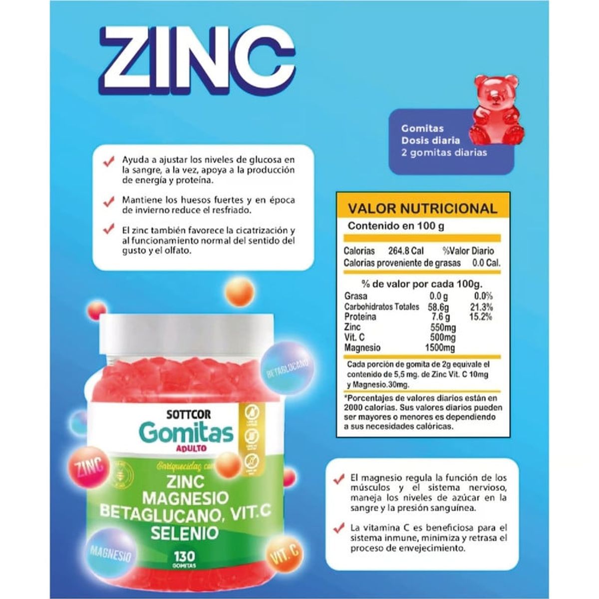 GENERICO - ZINC MAGNESIO BETAGLUCANO VIT C Y SELENIO GOMITAS SOTTCOR x 2