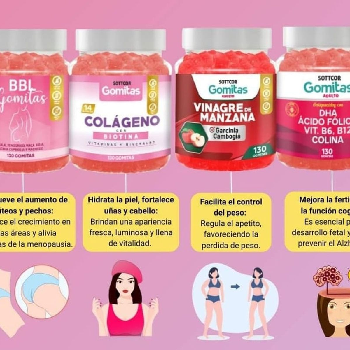 GENERICO - PACK MUJER AGUAJE COLAGENO VINAGRE DE MANZANA DHA GOMITAS SOTTCOR X 4