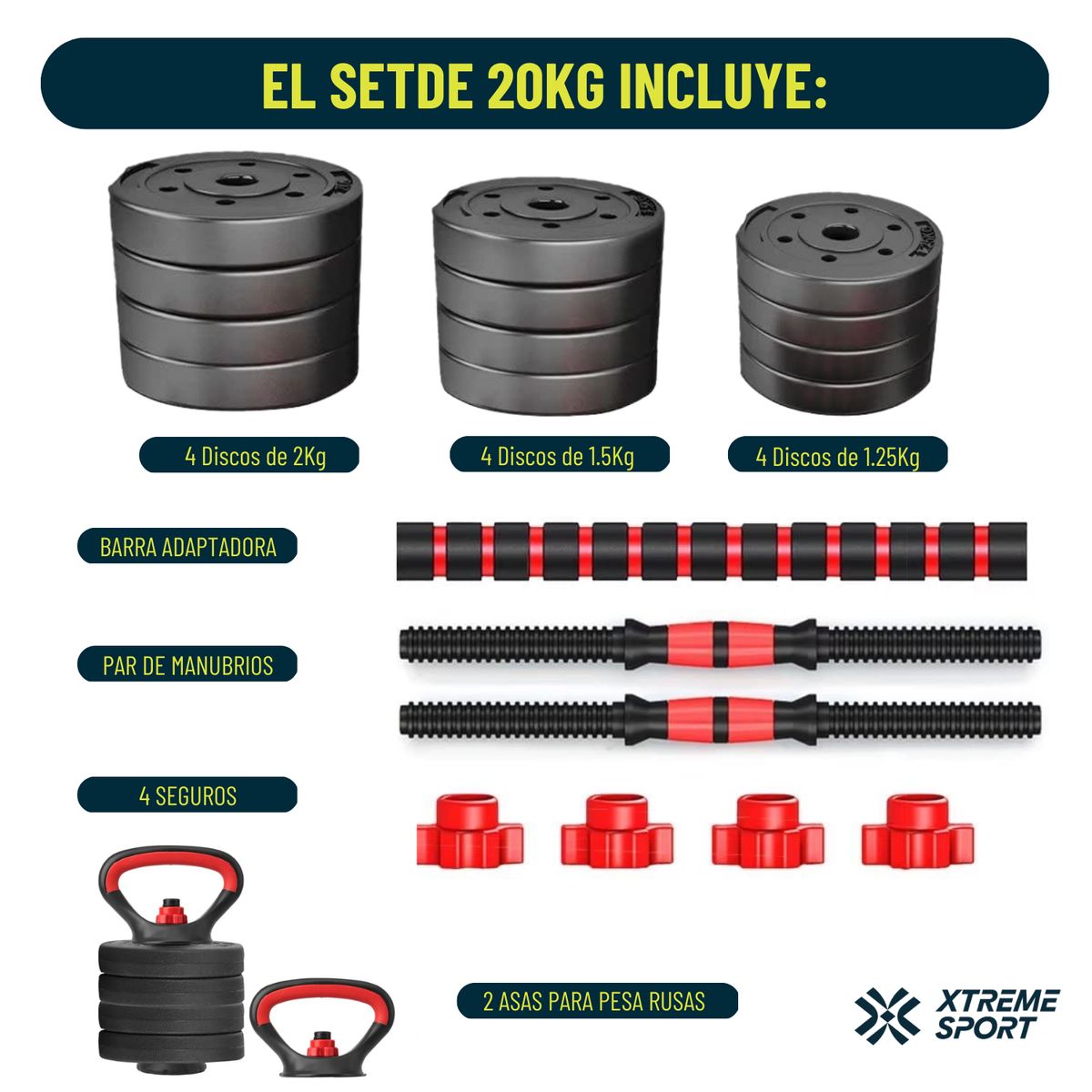 XTREME SPORT - Mancuernas Set de 20 Kg Convertibles + Barra + Asas