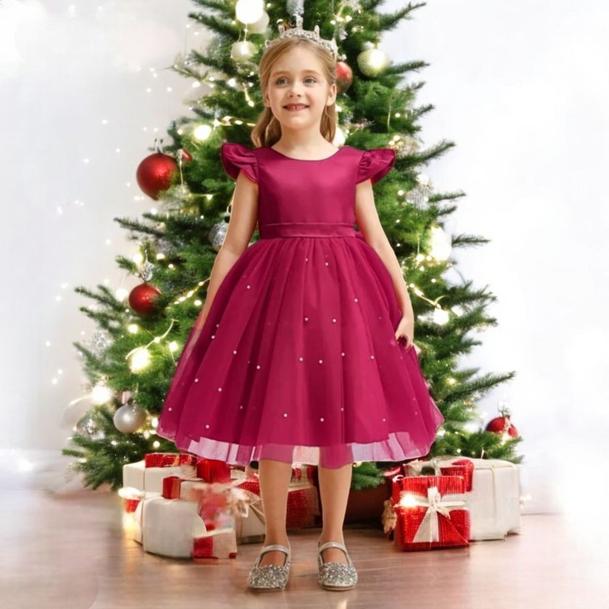 GENERICO - VESTIDO PARA NIÑA   - MODELO DE NAVIDAD CON PERLITAS