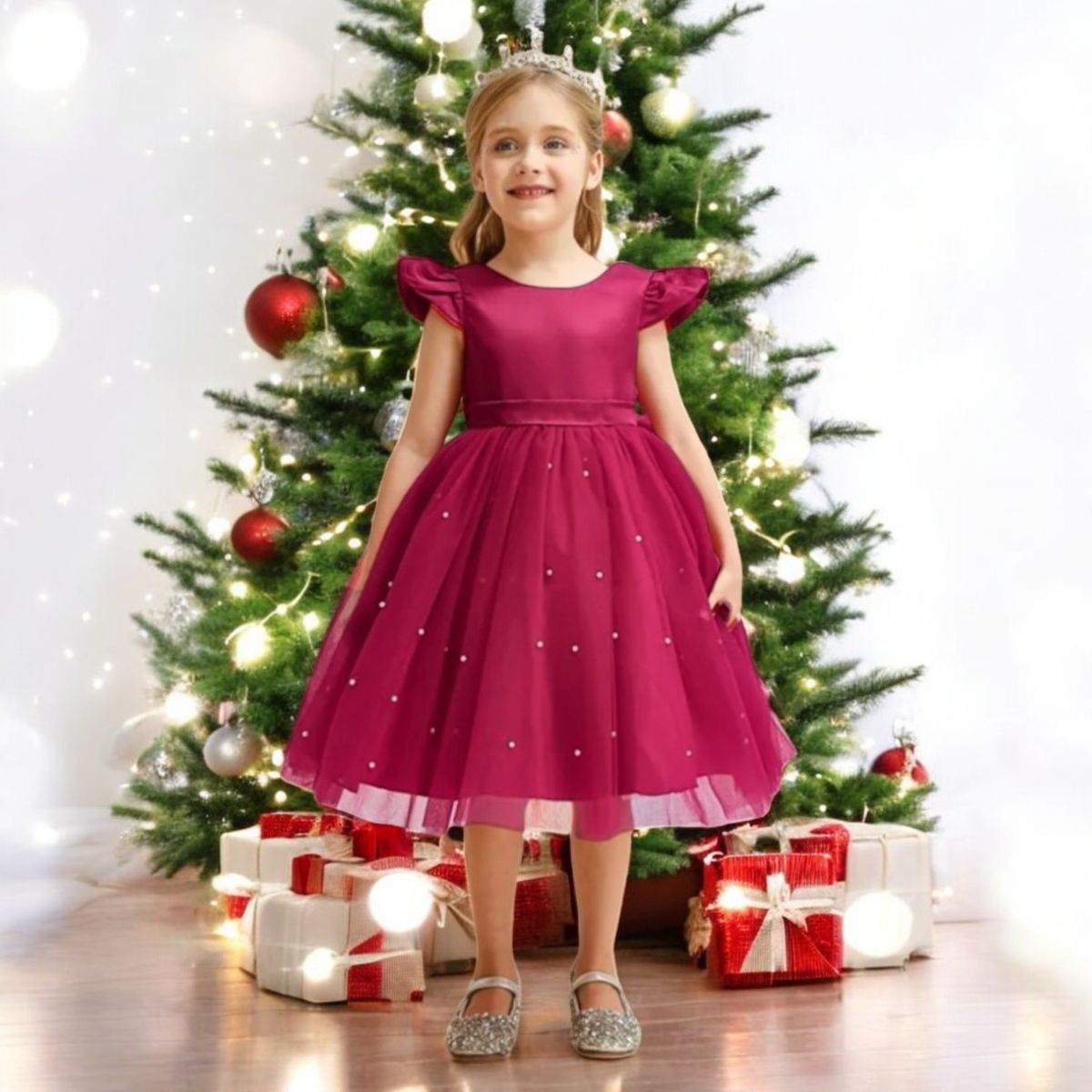 GENERICO - VESTIDO PARA NIÑA   - MODELO DE NAVIDAD CON PERLITAS