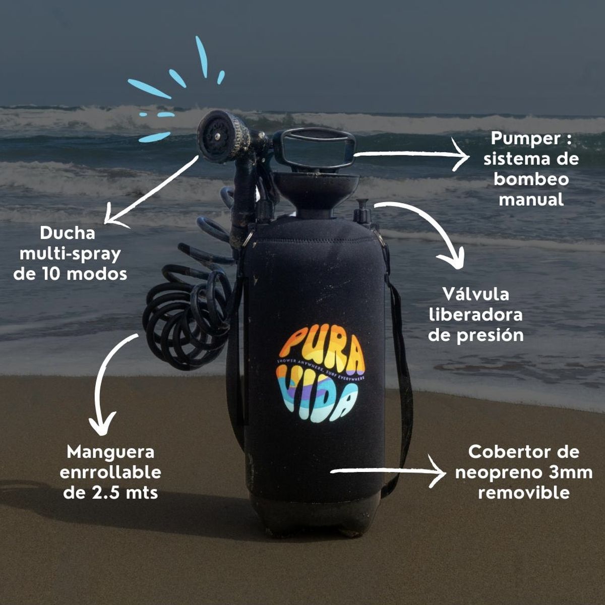 PURA VIDA - Ducha portátil de agua a presión 8Litros acampar & surf