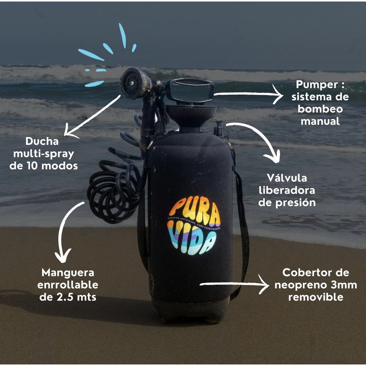 PURA VIDA - Ducha portátil de agua a presión 8Litros acampar & surf