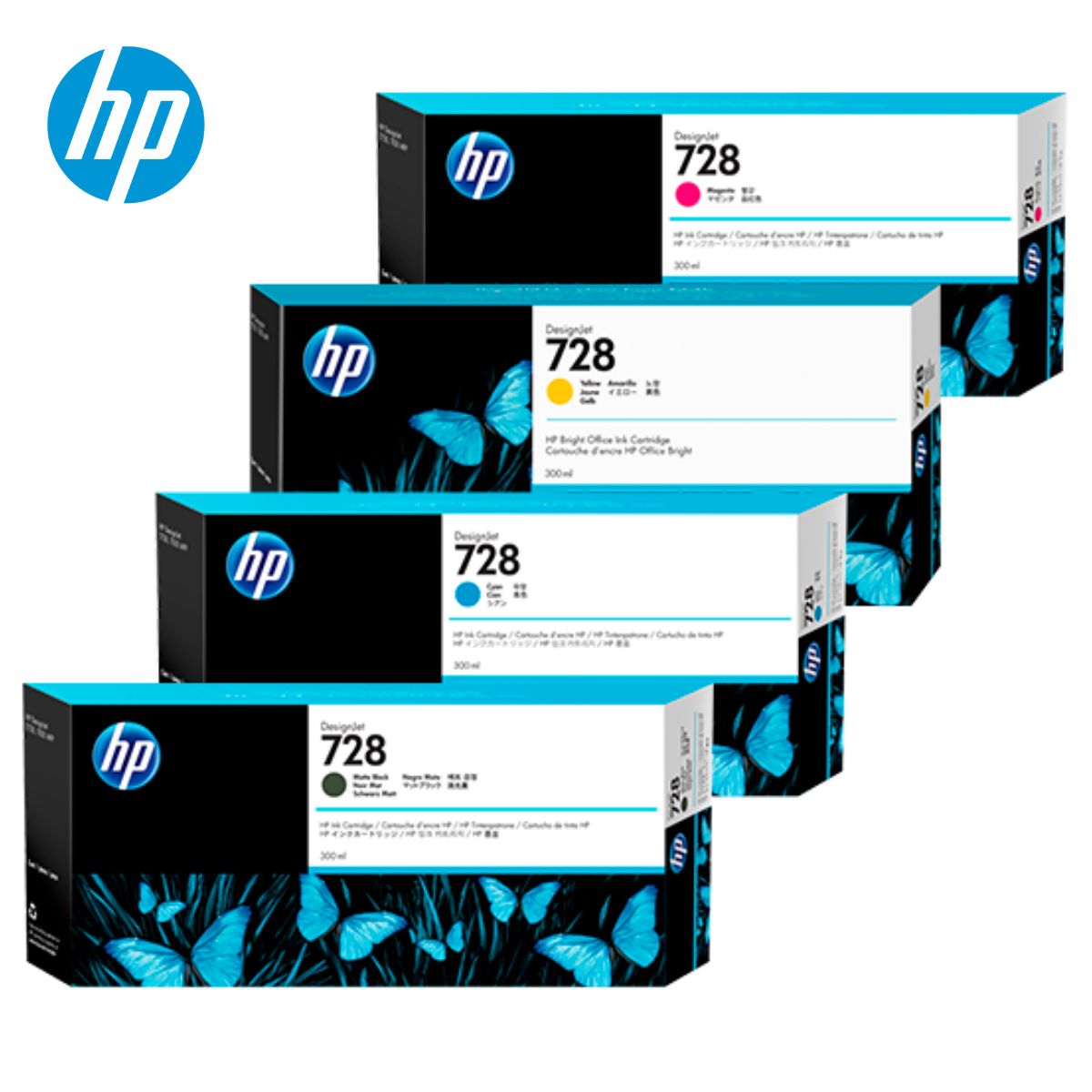 HP - KIT DE 4 TINTAS HP 728 DE 300ML. MATTE BLACK, YELLOW, MAGENTA, CYAN
