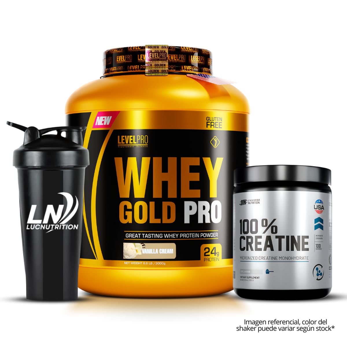 LEVEL PRO - Whey Gold Pro 3 kg / 6.6 lb vainilla + Creatina universe nutrition 250 g + shaker