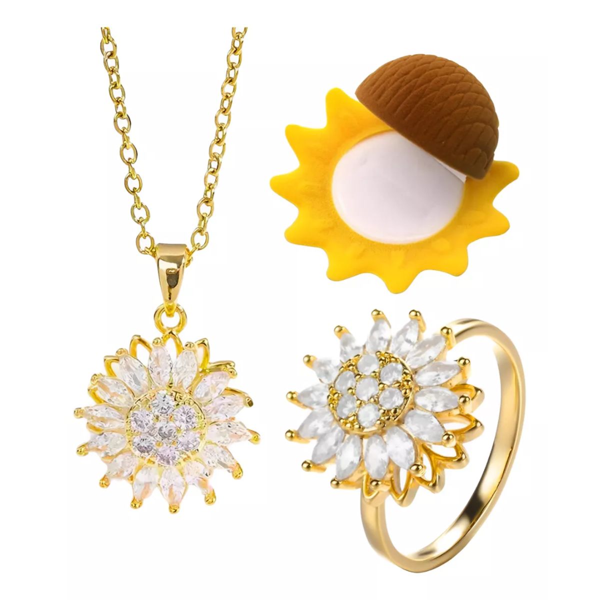 GENERICO - Collar y Anillo Girasol Giratorio Antiestres Dorado Especial