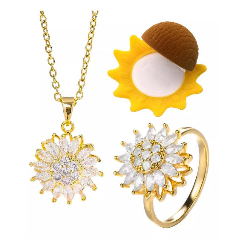 GENERICO - Collar y Anillo Girasol Giratorio Antiestres Dorado Especial