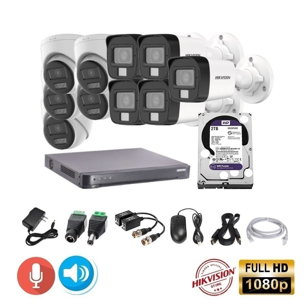 HIKVISION - kit 10 Cámaras Seguridad Tubo FULLHD Hikvision + 2TB + AUDIO 2 VIAS