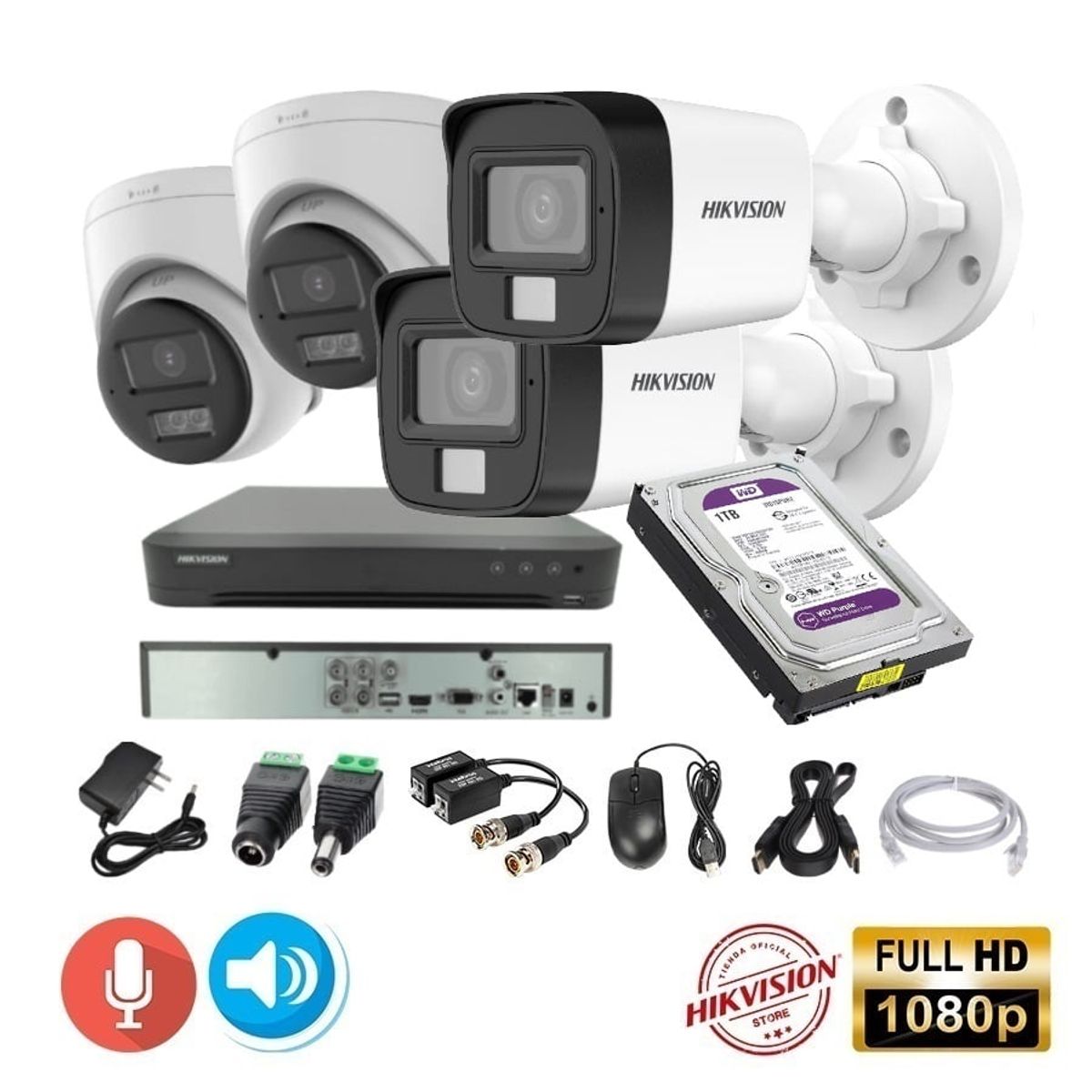 HIKVISION - kit 4 Cámaras Seguridad FULLHD Hikvision + 1TB + AUDIO 2 VIAS
