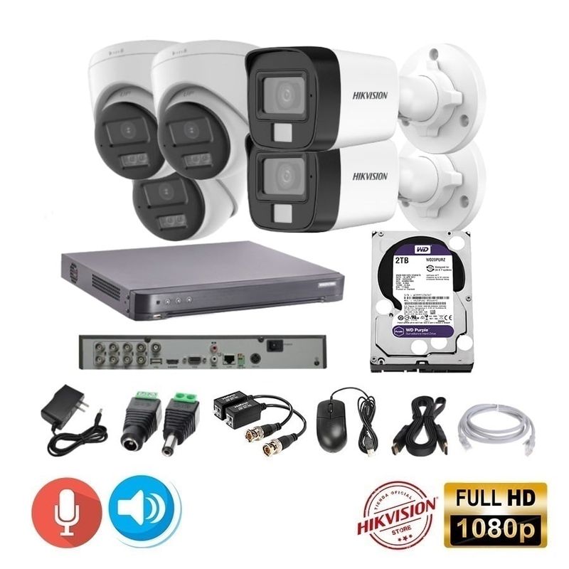 HIKVISION - kit 5 Cámaras Seguridad Tubo FULLHD Hikvision + 2TB + AUDIO 2 VIAS
