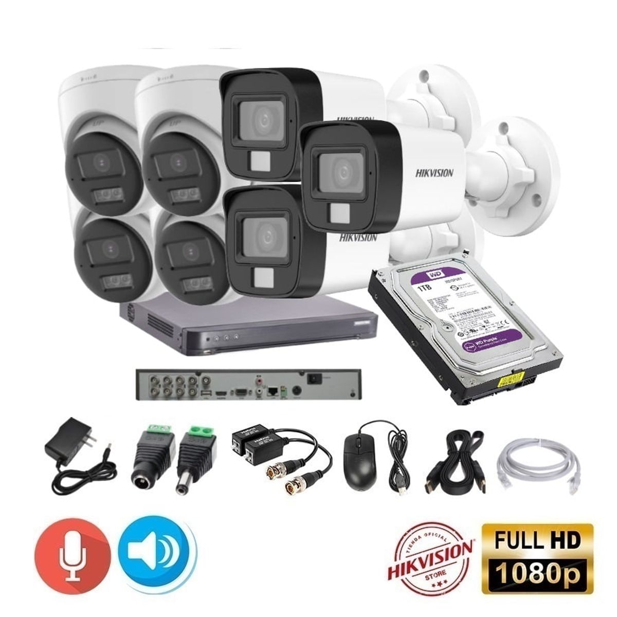 HIKVISION - kit 7 Cámaras Seguridad Tubo FULLHD Hikvision + 1TB + AUDIO 2 VIAS