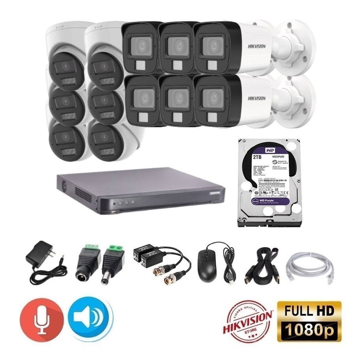 HIKVISION - kit 12 Cámaras Seguridad Tubo FULLHD Hikvision + 2TB + AUDIO 2 VIAS