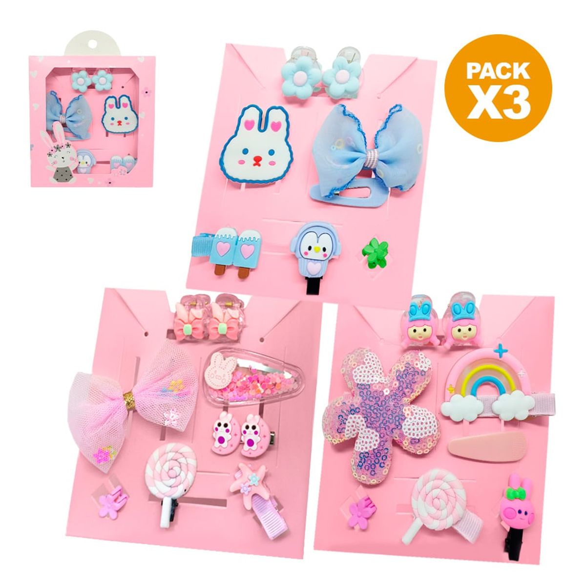 KELLER - Pack x3 Set 8 Ganchitos Kawaii para Niñas ALT S47