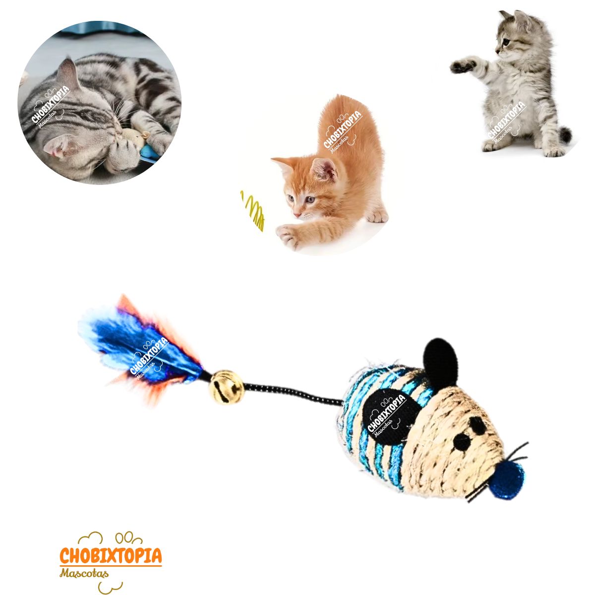 GENERICO - RATON DE PAJA CON PLUMA Y CASCABEL CELESTE