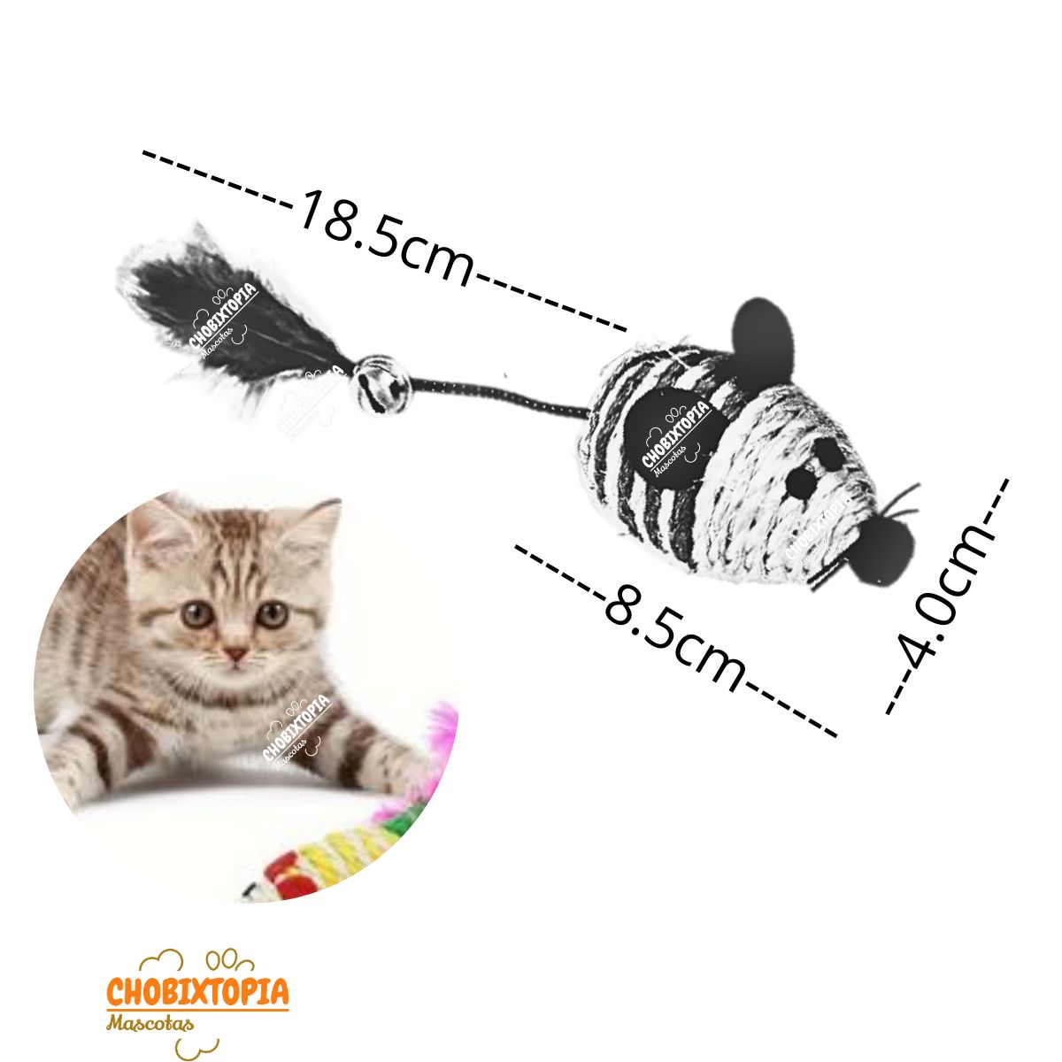 GENERICO - RATON DE PAJA CON PLUMA Y CASCABEL AZUL