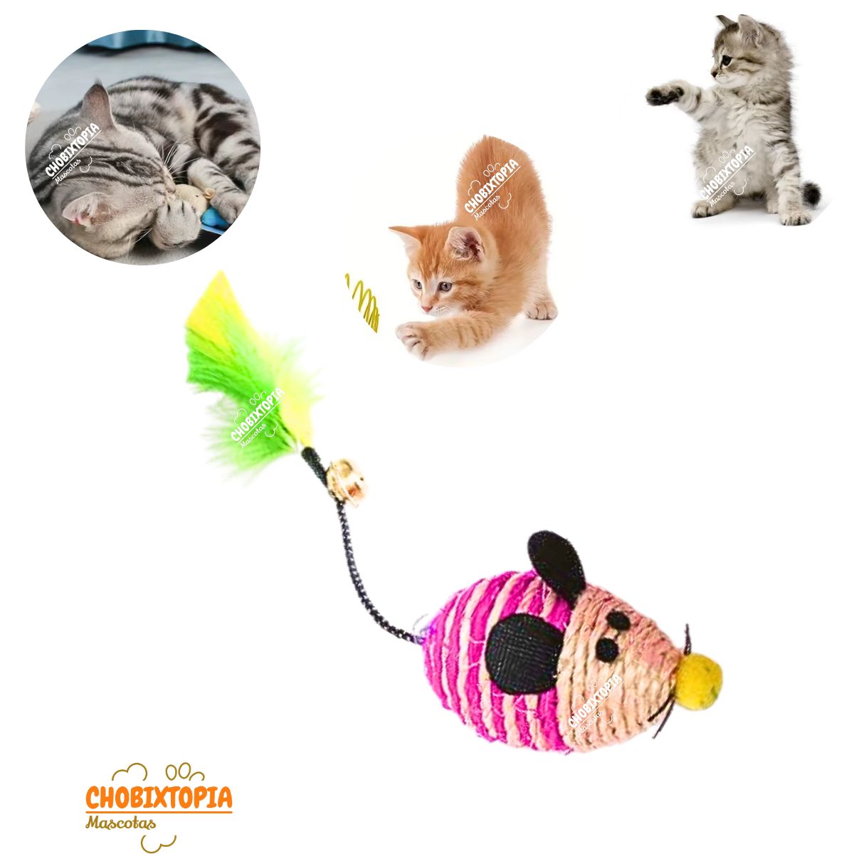 GENERICO - RATON DE PAJA CON PLUMA Y CASCABEL FUCSIA