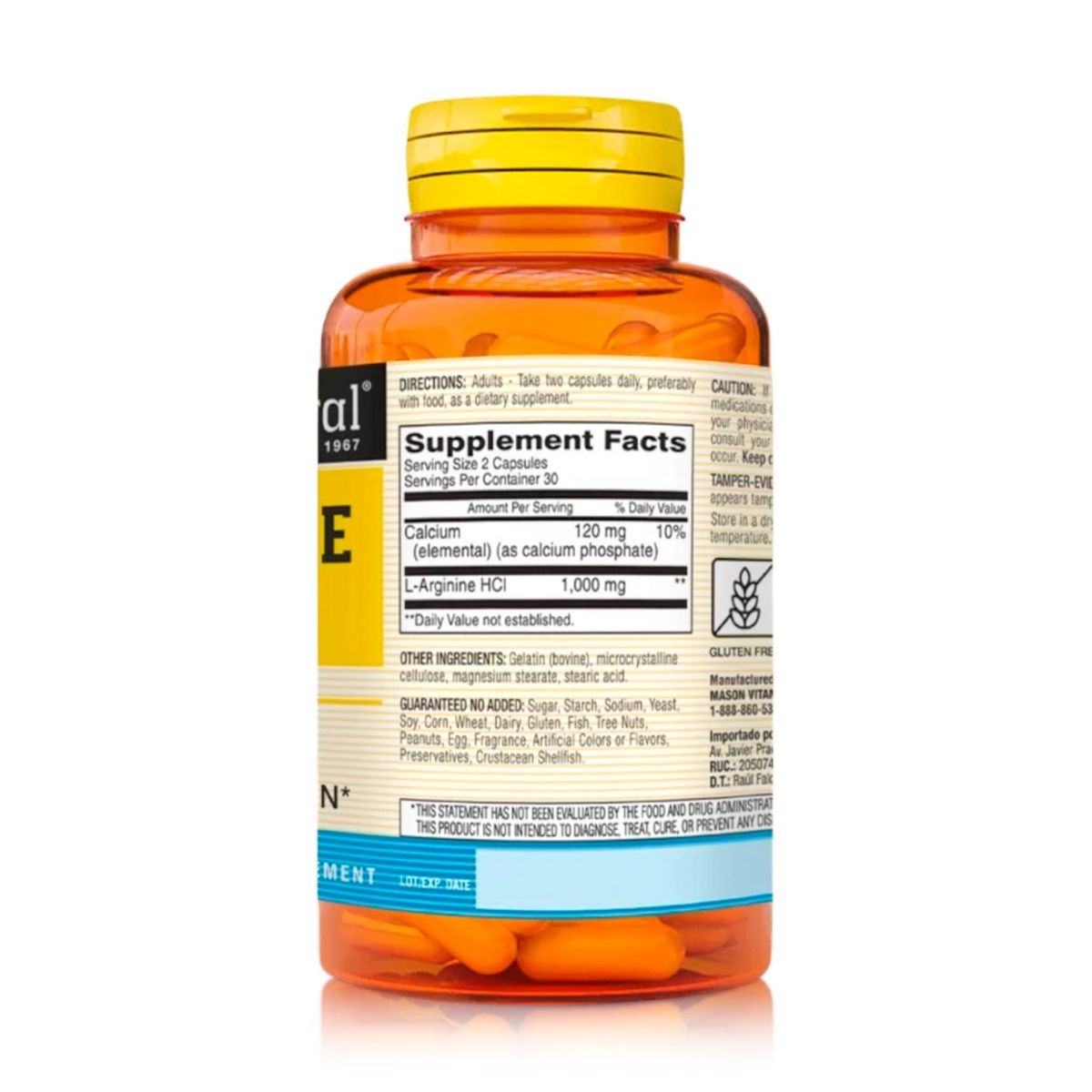 MASON NATURAL - L-Arginina 500mg - Crecimiento Muscular - 60 Cápsulas