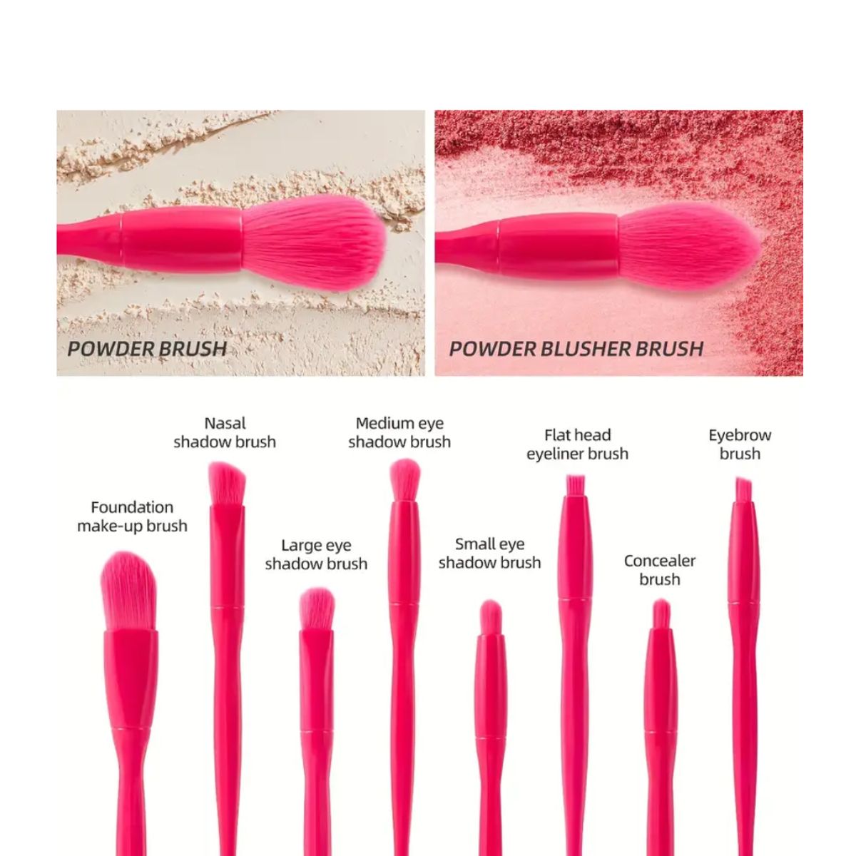 GENERICO - Juego de 8 Brochas rostro y ojos FUCSIA
