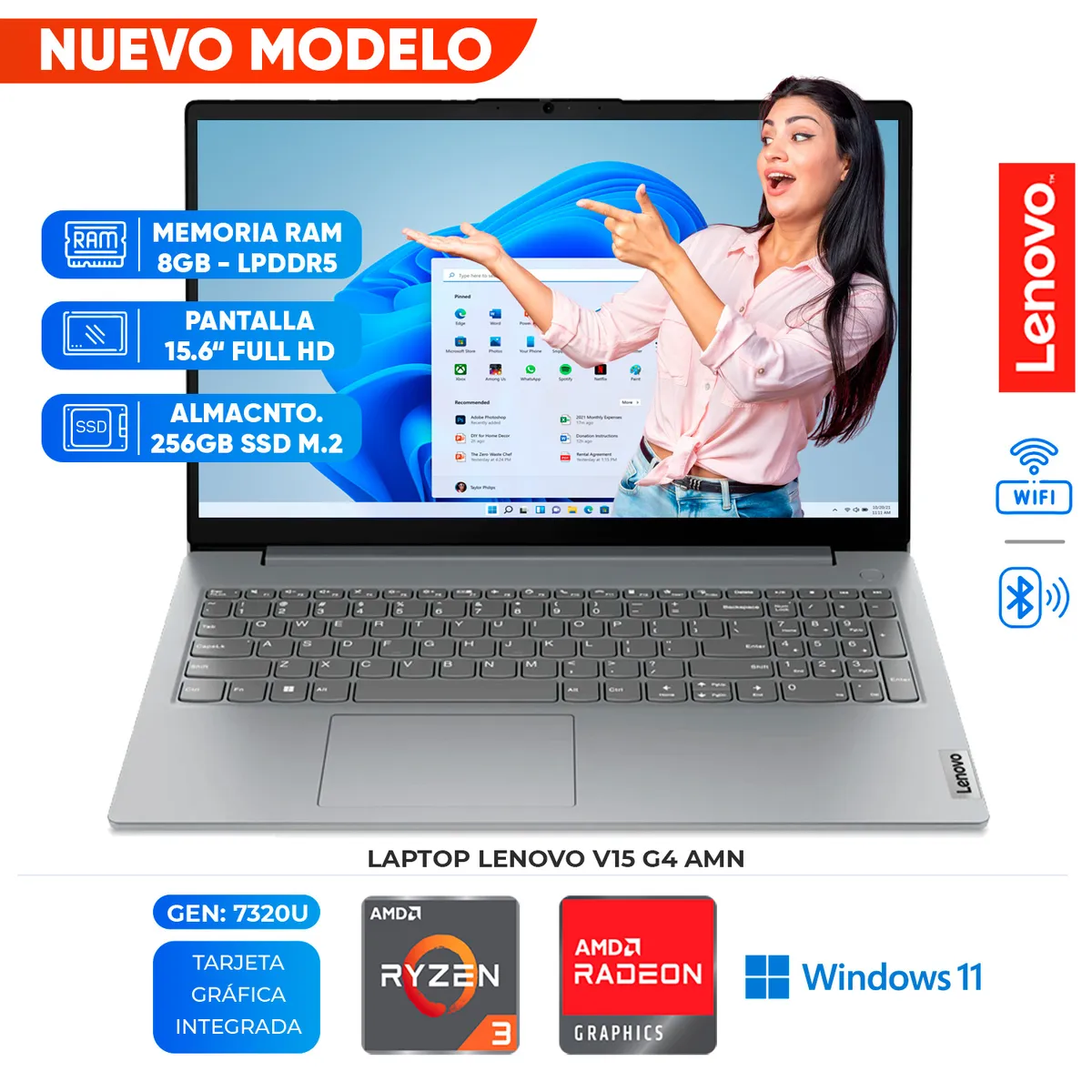 LENOVO - Laptop Lenovo V15 G4 AMN, AMD Ryzen 3 7320U, 8GB LPDDR5, 256GB SSD, 15.6" FHD