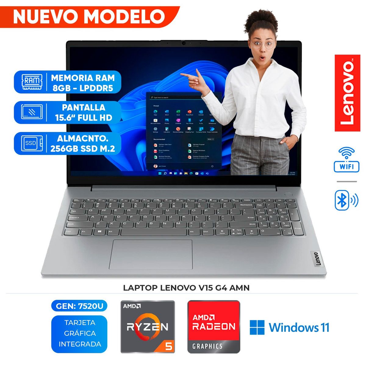 LENOVO - Laptop Lenovo V15 G4 AMN, AMD Ryzen 5 7520U, 8GB LPDDR5, 256GB SSD, 15.6" FHD TN