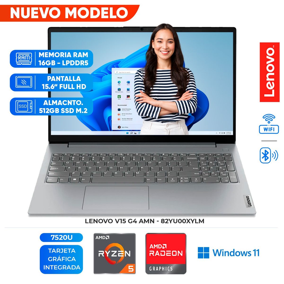 LENOVO - Laptop Lenovo V15 G4 AMN, 15.6" FHD TN, AMD Ryzen 5 7520U 2.8/4.3GHz, 16GB LPDDR5-4800.