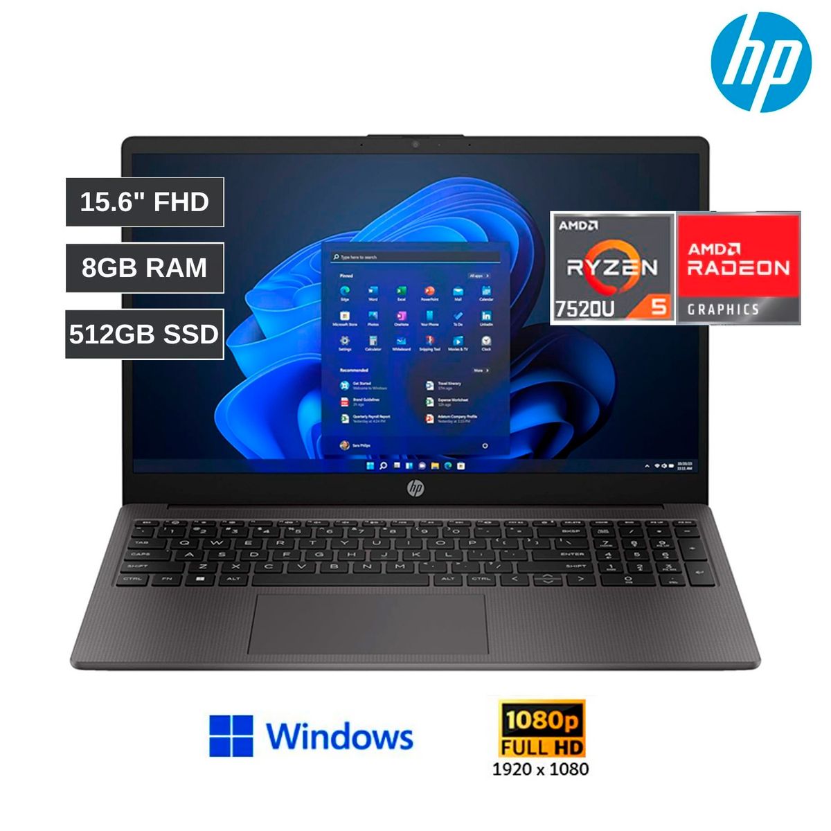 HP - Laptop HP 255 G10, AMD Ryzen 5 7520U, 8GB LPDDR5,  512GB SSD, 15.6" LCD LED SVA HD