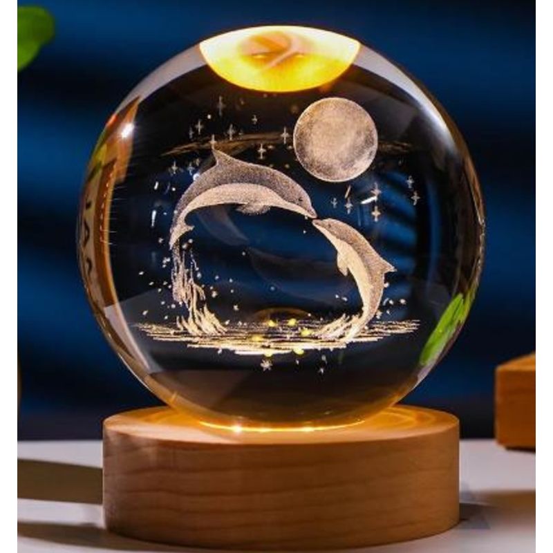 GENERICO - LAMPARA 3D ESFERA DE CRISTAL 8CM LED CON CAJA PARA PILAS - DELFINES
