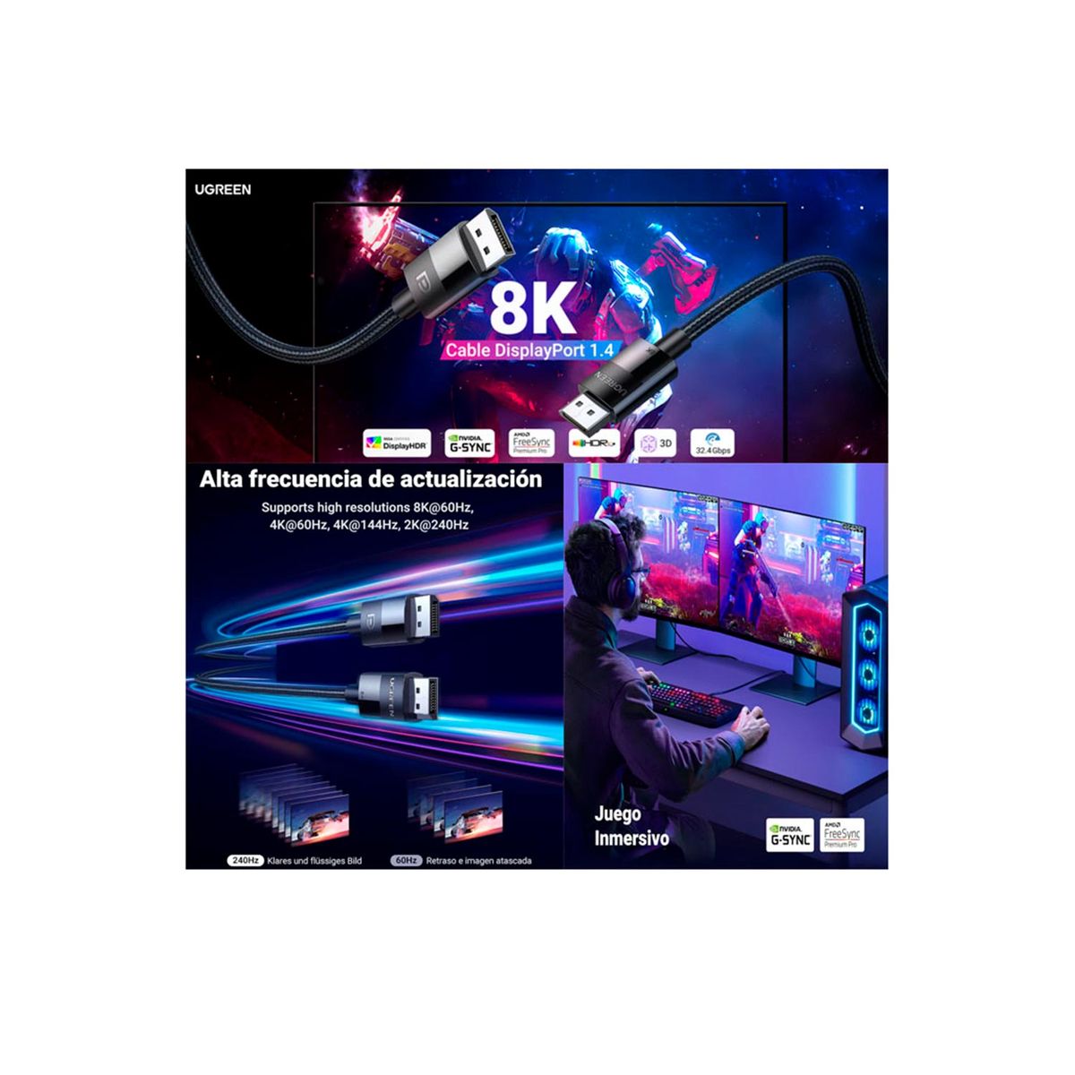 UGREEN - Cable Ugreen Displayport 8K60Hz de 5M Trenzado DP114 80394