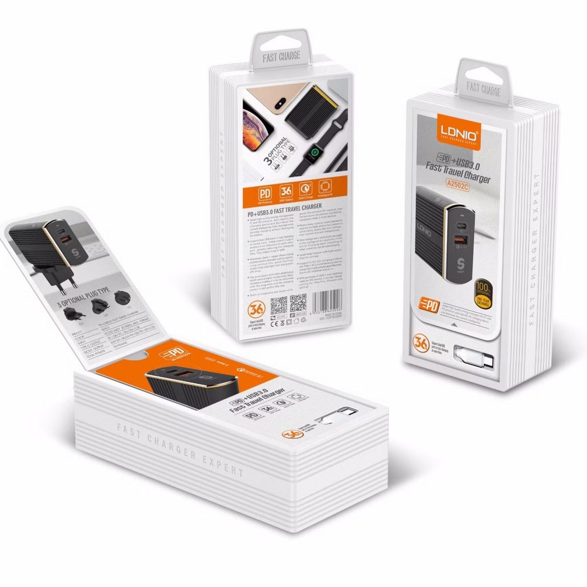 LDNIO - Cargador Usb Qc 3.0 + Tipo-c Pd Ldnio A2502c C/cable Tipo-c