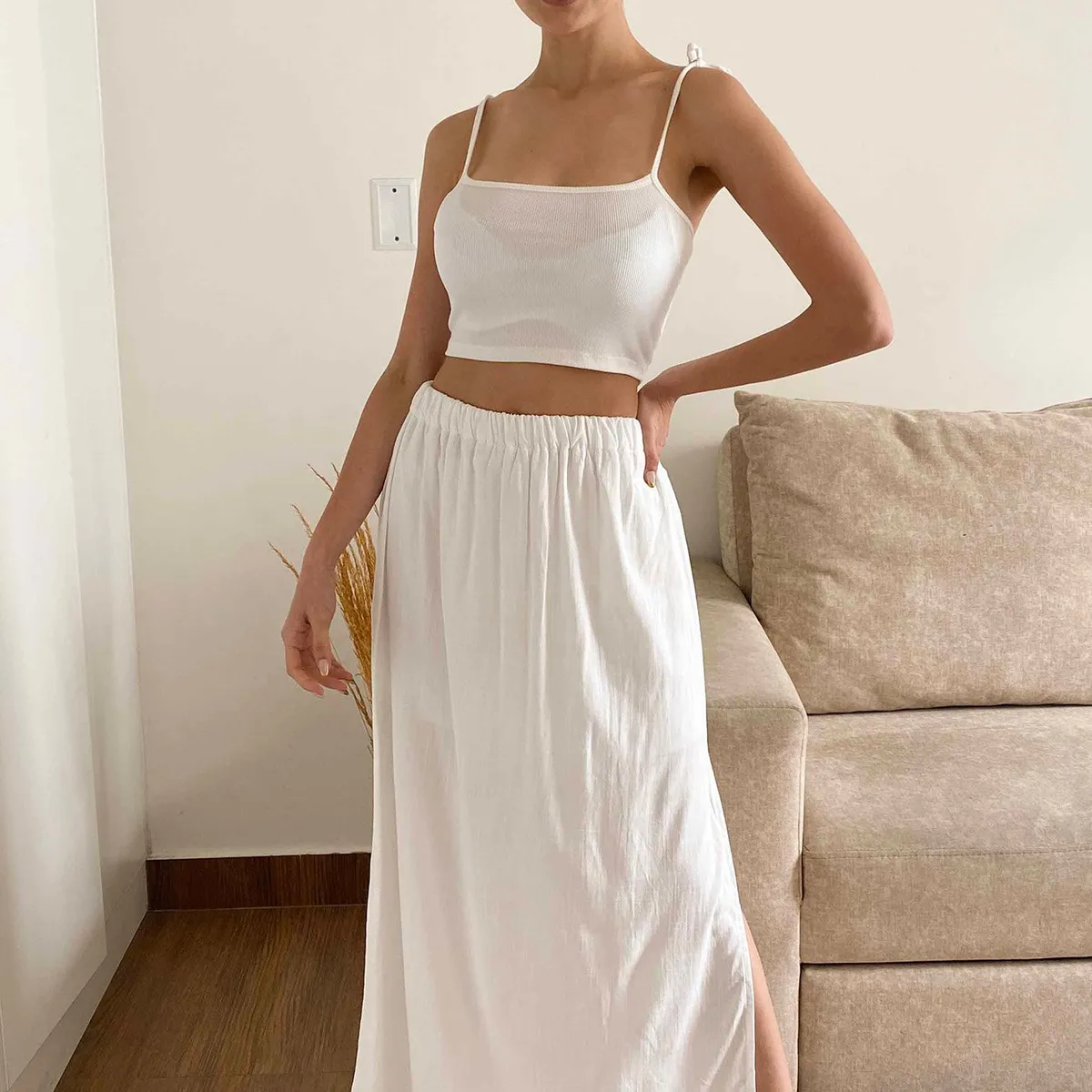 GENERICO - Falda larga casual lino mujer