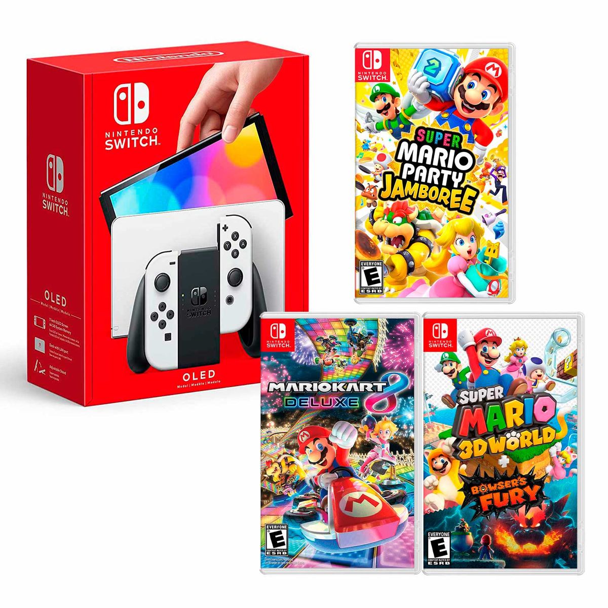 NINTENDO - Consola Switch Oled Blanco + Mario Jamboree+ Mario Kart + Mario Fury