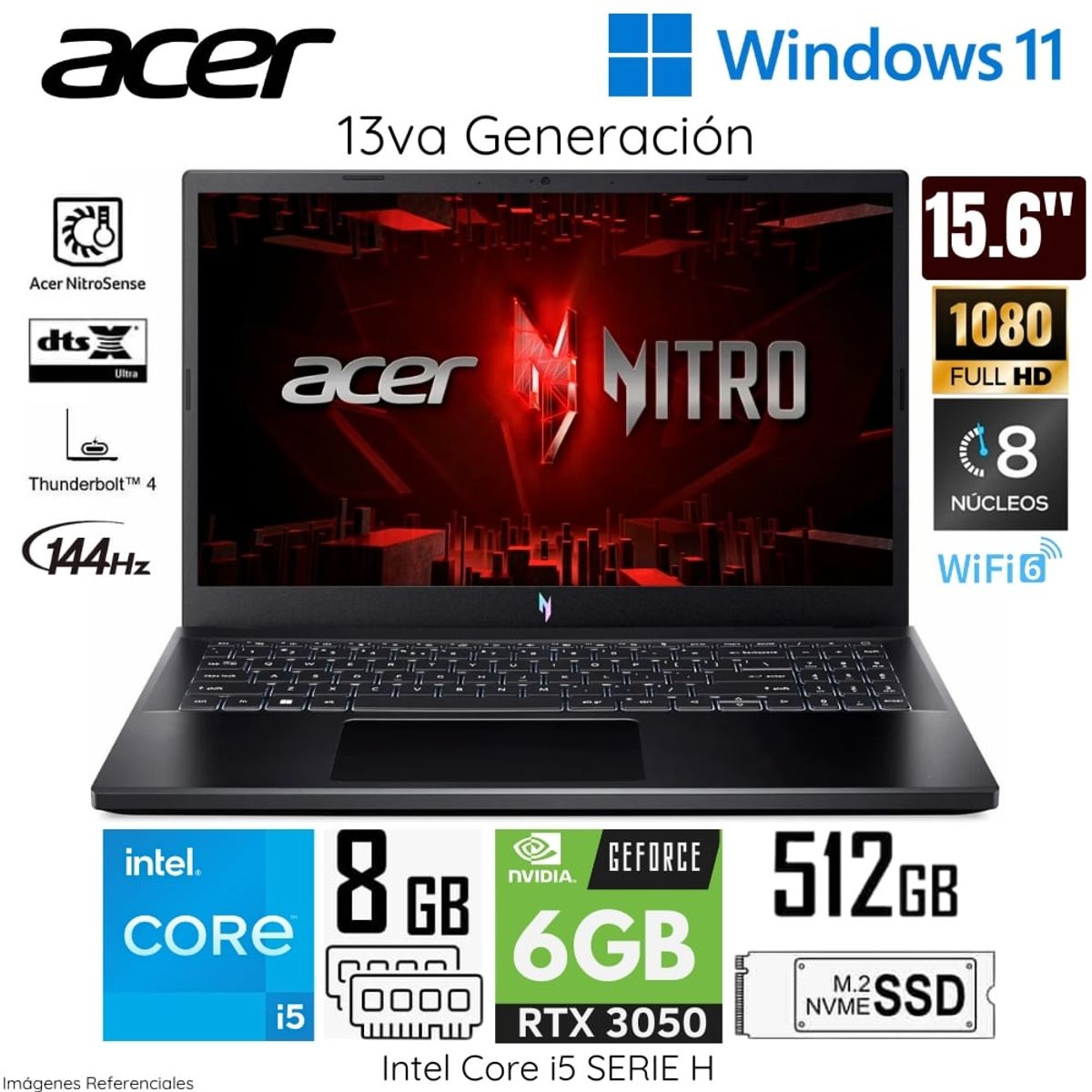 ACER - Laptop Acer Nitro V15 Intel Core i5-13420H 8GB RAM 512GB SSD 15.6" FHD  RTX3050-6GB - ANV15-51-56GH