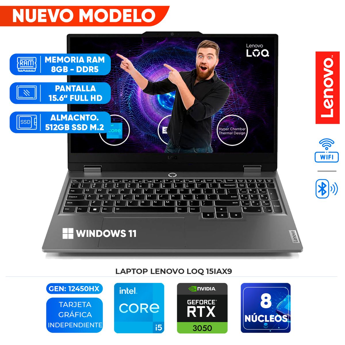 LENOVO - Laptop Lenovo LOQ 15IAX9 156 FHD IPS Core i5-12450HX hasta 44GHz 8GB DDR5-4800MHz
