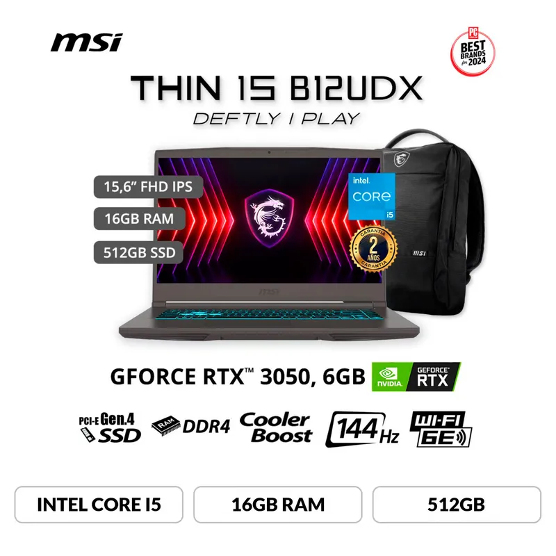 MSI - Laptop MSI Thin 15 B12UDX, 15.6" FHD IPS, Core i5-12450H hasta 4.40GHz 16GB DDR4-3200MHz