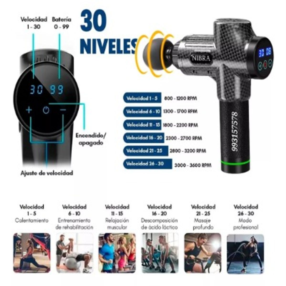 GENERICO - PISTOLA DE MASAJEADOR CORPORAL DE 30 VELOCIDADES CON PANTALLA LCD