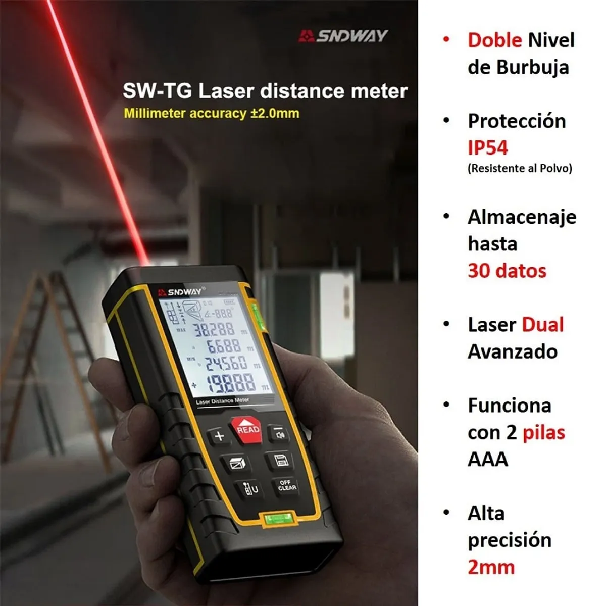 SNDWAY - Medidor De Distancia Laser 120m con Nivel SW-TG120 SNDWAY