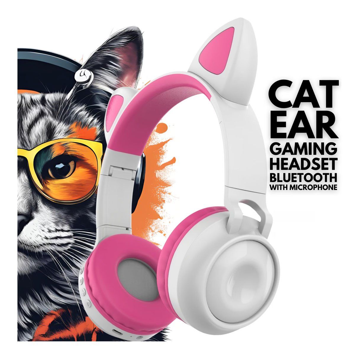 SEISA - Auriculares Bluetooth y Aux 35mm Con Orejas de Gatito Rosado